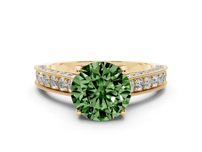 Round Vintage Hidden Halo Engagement Ring Setting for a Fancy Green Lab-Grown Diamond | Milgrain Pavé Band | Yellow Gold