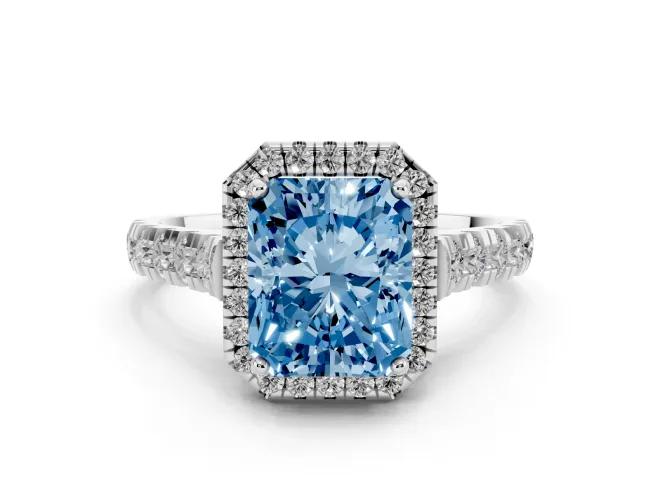 Radiant Cut Halo Engagement Ring Setting for a Fancy Blue Lab-Grown Diamond | Shared Prong Shoulders | Sterling Silver