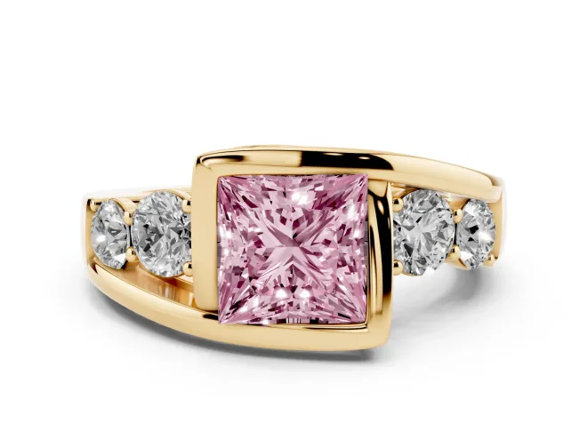 Fancy Pink Princess Cut Diamond Bezel Bypass Ring Set in Yellow gold with Round Accents