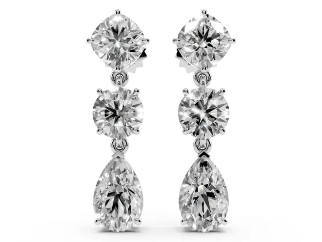 Multi-Shape Lab-Grown Diamond Three Stone Drop Earrings | Cushion Round and Pear | Platinum