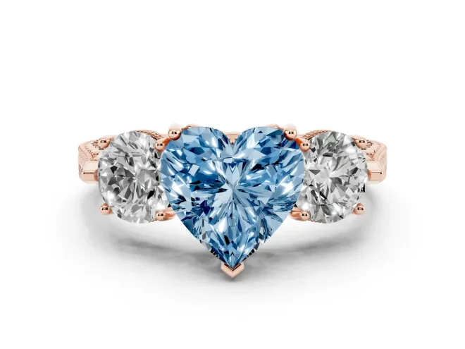 Heart-Shaped Vintage Three Stone Engagement Ring Setting for a Fancy Blue Lab-Grown Diamond | Milgrain Band | Rose Gold