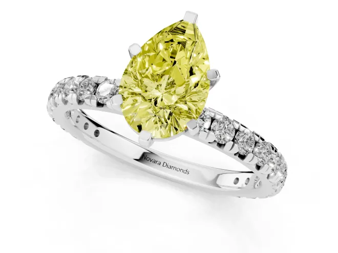 Fancy Yellow Pear Cut Diamond Pavé Solitaire Ring Set in White gold with Round Band and Prong Setting – second view