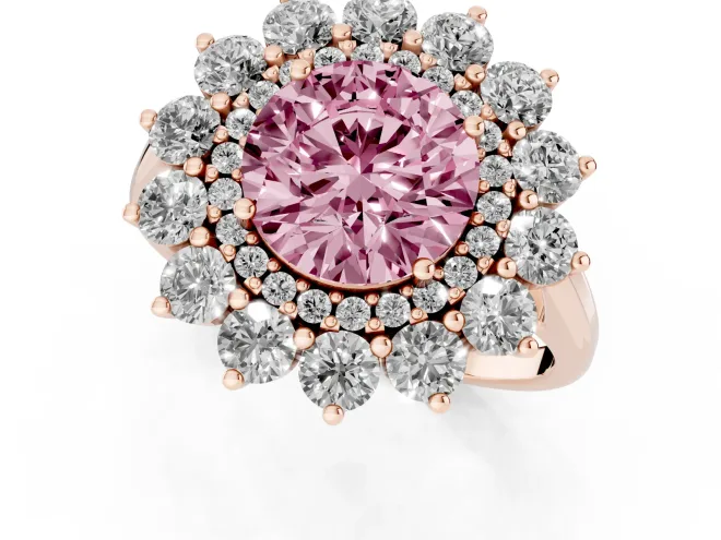 Fancy Pink Round Cut Diamond Floral Double Halo Ring Set in Rose gold with Round Petals – second view
