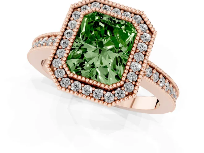 Fancy Green Radiant Cut Diamond Halo Engagement Ring Set in Rose gold with Pavé Band and Round Halo Stones – second view