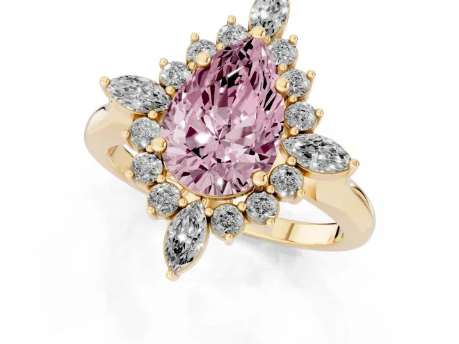 Fancy Pink Pear Cut Diamond Cluster Halo Ring Set in Yellow gold with Marquise and Round Accents – second view