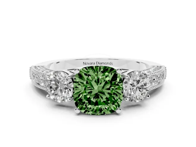 Fancy Green Cushion Cut Diamond Three-Stone Ring Set in Platinum with Round Side Stones and Pavé Band