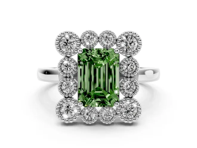 Emerald Cut Milgrain Cluster Halo Engagement Ring Setting for a Fancy Green Lab-Grown Diamond | Plain Band | White Gold