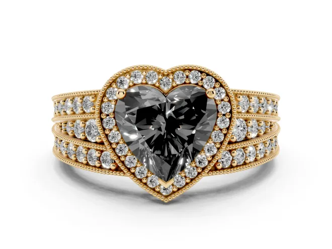 Heart-Shaped Milgrain Halo Engagement Ring Setting for a Black Center | Split Shank | Yellow Gold