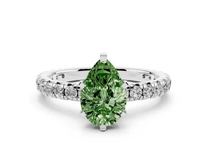 Fancy Green Pear Cut Diamond Pavé Solitaire Ring Set in White gold with Round Band and Prong Setting
