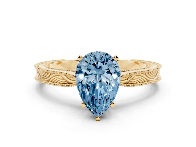 Pear-Shaped Engraved Engagement Ring Setting for a Fancy Blue Lab-Grown Diamond | Yellow Gold