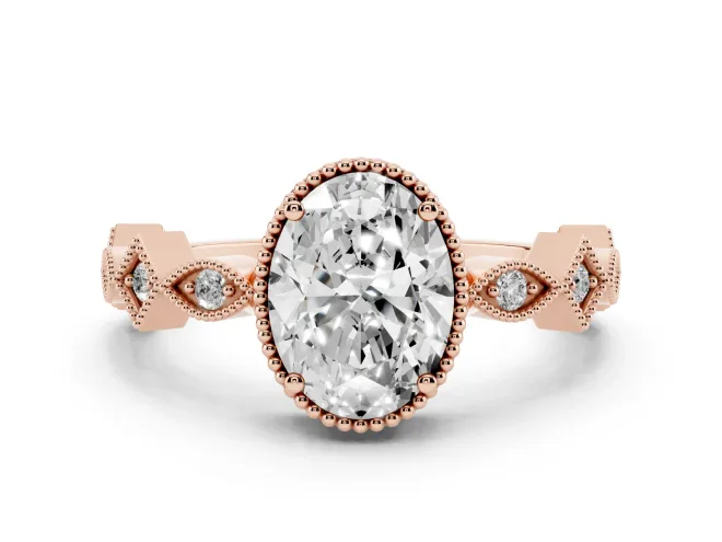 Oval Milgrain Bezel Engagement Ring Setting | Geometric Station Band | Rose Gold