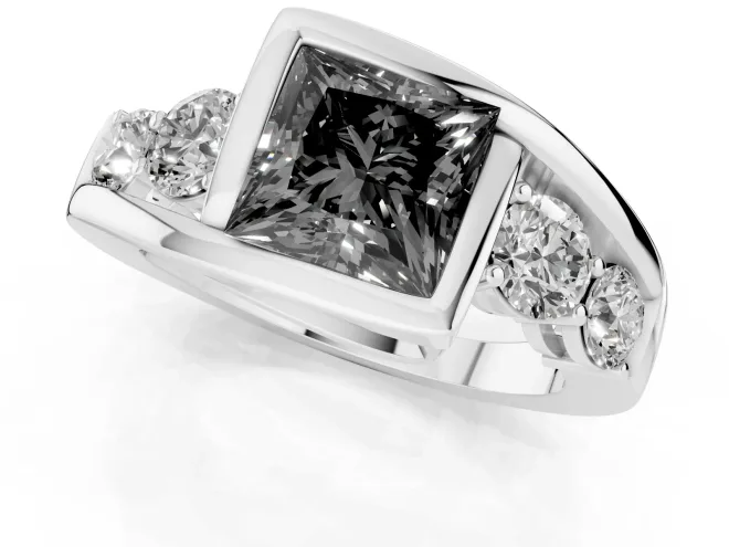 Fancy Black Princess Cut Diamond Bezel Bypass Ring Set in White gold with Round Accents – second view