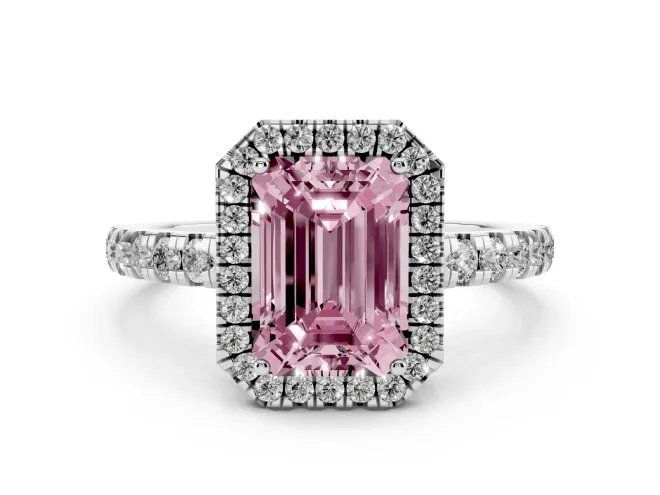 Fancy Pink Emerald Cut Diamond Halo Ring Set in Silver with Delicate Pavé Band and Prong Setting