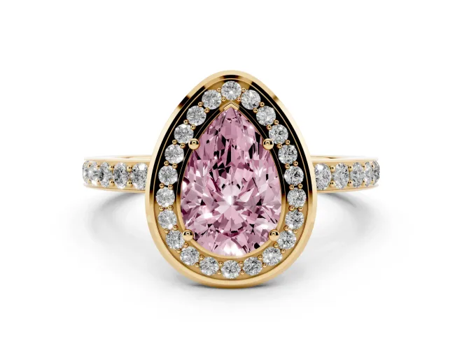 Pear-Shaped Bezel-Rim Halo Engagement Ring Setting for a Fancy Pink Lab-Grown Diamond | Pavé Band | Yellow Gold
