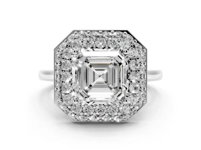 Asscher Cut Diamond Halo Engagement Ring Set in Silver with Solitaire Band and Prong Setting