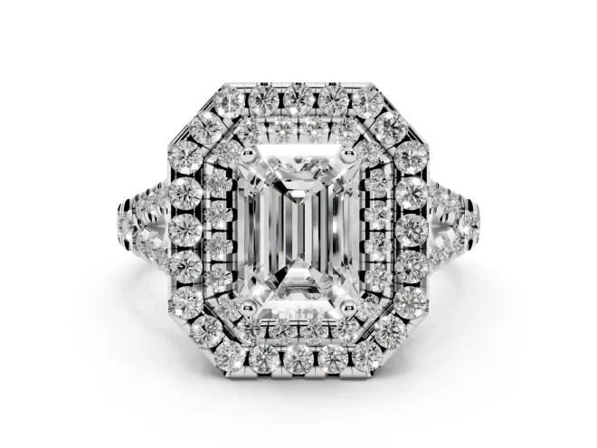 Emerald Cut Diamond Double Halo Ring Set in Platinum with Pavé Split Shank and Prong Setting