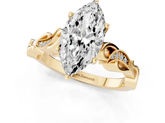Marquise Cut Diamond Vine Band Solitaire Ring Set in Yellow gold with Milgrain Prong Setting – second view