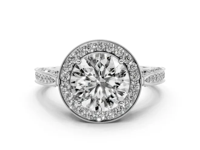Round Vintage Milgrain Halo Engagement Ring Setting | Side Stones and Pave | Sterling Silver