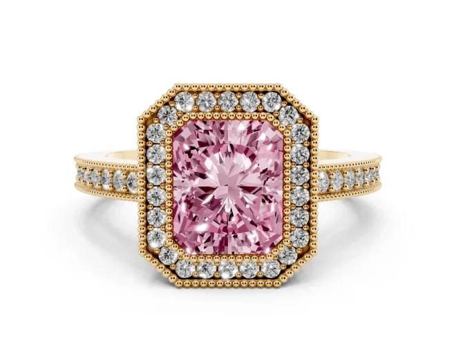 Fancy Pink Radiant Cut Diamond Halo Engagement Ring Set in Yellow gold with Pavé Band and Round Halo Stones