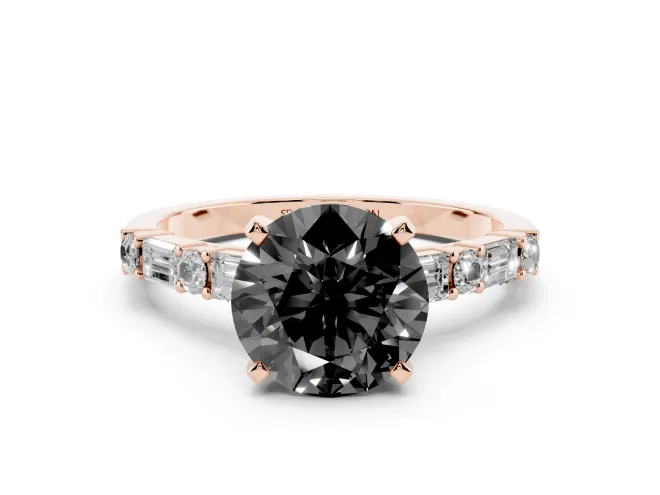 Round Baguette Side Stone Engagement Ring Setting for a Black Center | Rose Gold