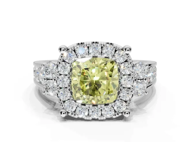 Cushion Cut Halo Engagement Ring Setting for a Fancy Yellow Lab-Grown Diamond | Graduated Channel Band | White Gold