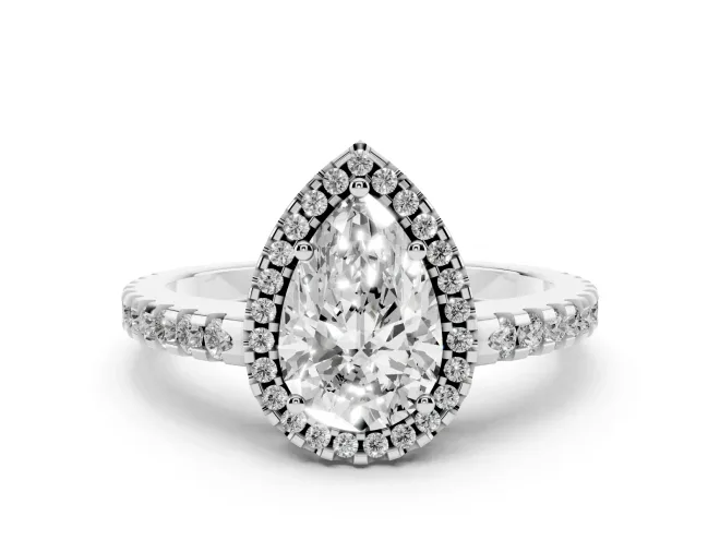 Pear Cut Diamond Halo Ring Set in White gold with Pavé Shoulders and Halo-Framed Center
