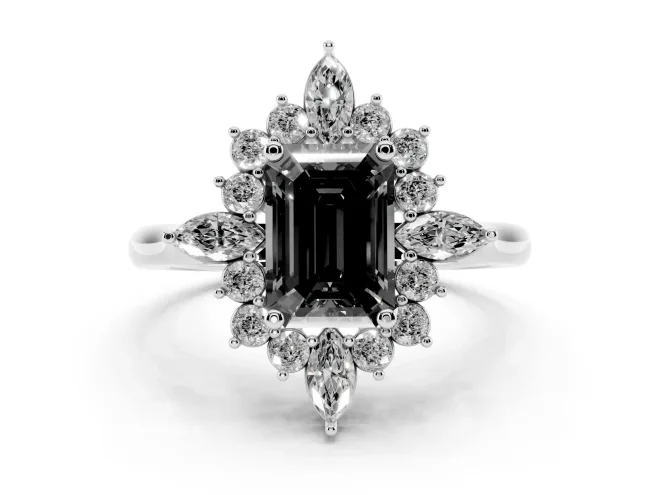 Emerald Cut Cluster Halo Engagement Ring Setting for a Black Center | White Gold