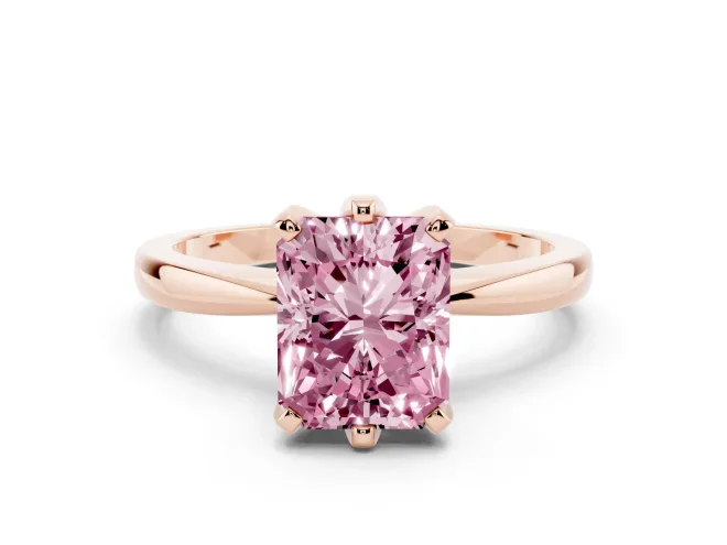 Fancy Pink Radiant Cut Diamond Solitaire Engagement Ring Set in Rose gold with Slim Tapered Solitaire Band