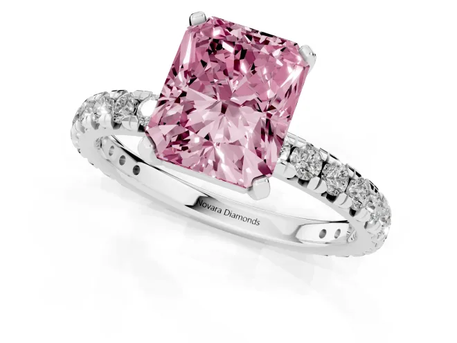 Fancy Pink Radiant Cut Diamond Pavé Solitaire Ring Set in Silver with Round Band and Prong Setting – second view