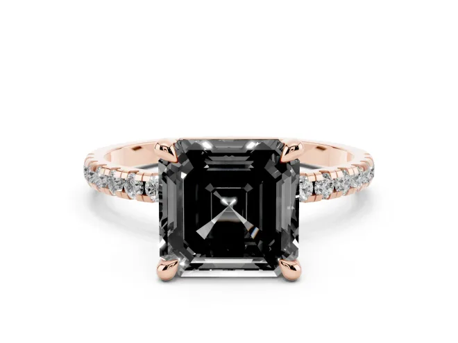 Fancy Black Asscher Cut Diamond Brilliant Solitaire Ring Set in Rose gold with Pavé Band and Prong Setting