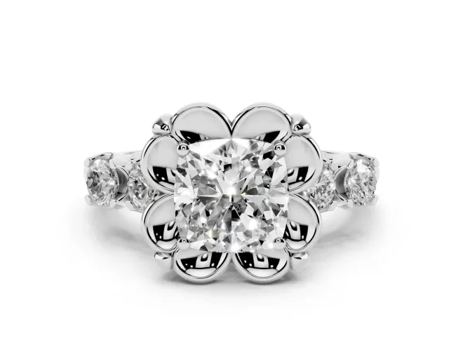 Cushion Cut Diamond Floral Halo Ring Set in Platinum with Shared Prong Band