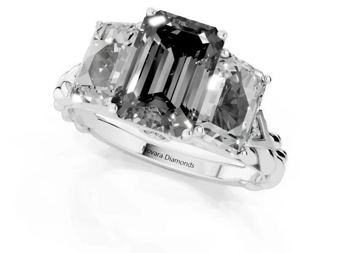 Fancy Black Emerald Cut Diamond Three-Stone Ring Set in Silver with Braided Band – second view