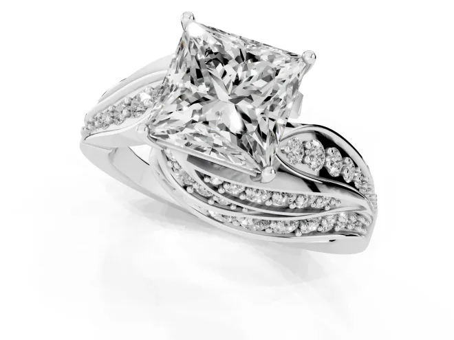 Princess Cut Diamond Solitaire Ring Set in Silver with Layered Twist Pavé Band – second view
