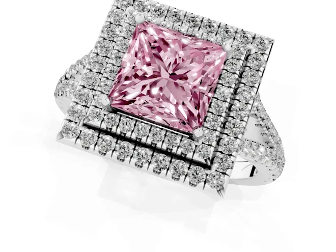 Fancy Pink Princess Cut Diamond Double Halo Ring Set in Platinum with Pavé Band – second view