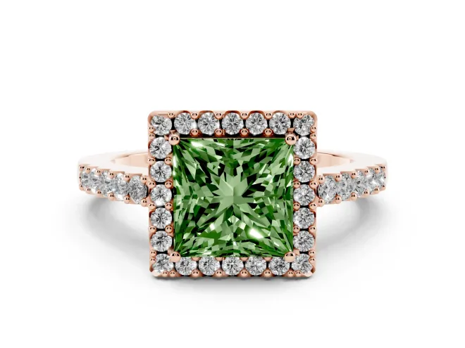 Princess Cut Halo Engagement Ring Setting for a Fancy Green Lab-Grown Diamond | Single Row Pavé Band | Rose Gold