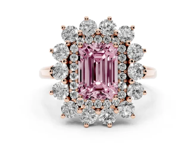 Fancy Pink Emerald Cut Diamond Floral Double Halo Ring Set in Rose gold with Round Petals