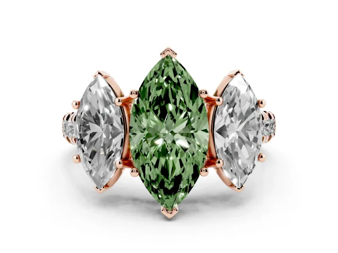 Fancy Green Marquise Cut Diamond Three-Stone Ring Set in Rose gold with Pavé Band