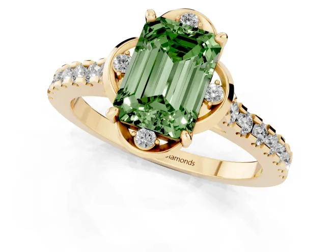 Fancy Green Emerald Cut Diamond Solitaire Ring Set in Yellow gold with Pavé Band and Floral Prong Setting – second view