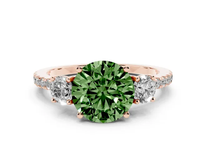 Round Three Stone Engagement Ring Setting for a Fancy Green Lab-Grown Diamond | Pavé Shoulders | Rose Gold