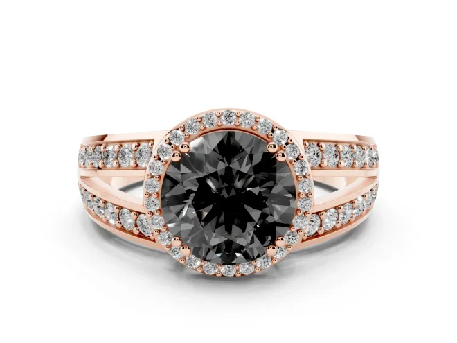 Round Halo Engagement Ring Setting for a Black Center | Two-Row Pavé Split Shank | Rose Gold