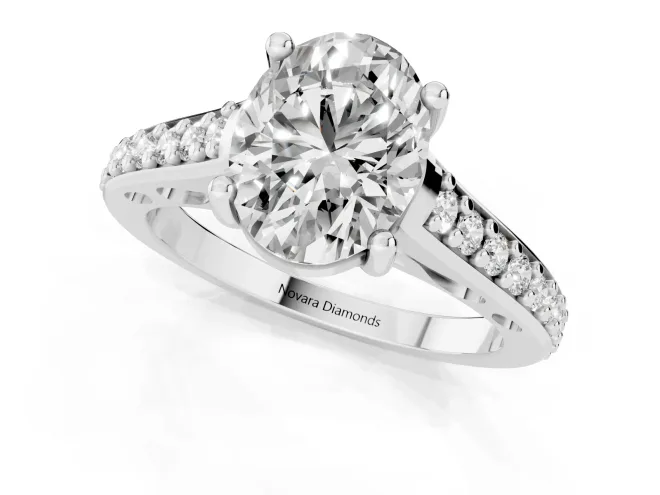 Oval Cut Diamond Prong Set Solitaire Engagement Ring Set in Silver with Pavé Band – second view