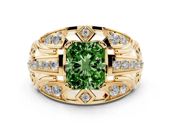 Radiant Cut Art Deco Engagement Ring Setting for a Fancy Green Lab-Grown Diamond | Yellow Gold