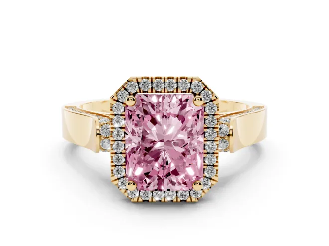 Radiant Cut Halo Engagement Ring Setting for a Fancy Pink Lab-Grown Diamond | Pavé Panel Shoulders | Yellow Gold