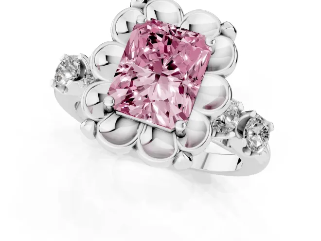 Fancy Pink Radiant Cut Diamond Floral Halo Ring Set in Platinum with Shared Prong Band – second view