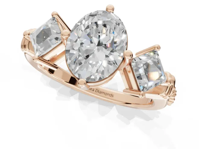 Oval Three Stone Engagement Ring Setting | On-Point Princess Side Stones | Rose Gold – second view
