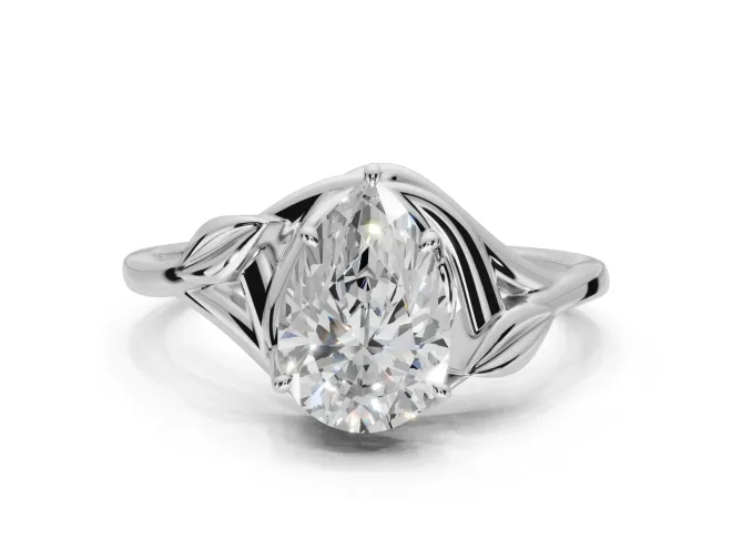 Pear-Shaped Leaf Bypass Solitaire Engagement Ring Setting | Polished Band | White Gold