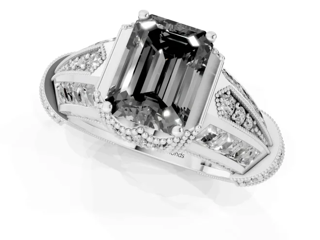 Fancy Black Emerald Cut Diamond Vintage-Inspired Milgrain Ring Set in White gold with Accent Split Shank – second view