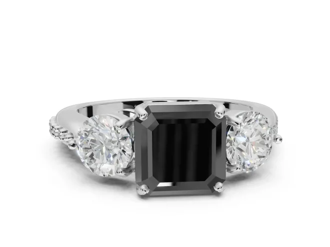 Asscher Cut Three Stone Engagement Ring Setting for a Black Center | Tapered Pavé Band | White Gold
