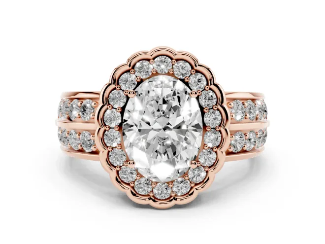 Oval Scalloped Halo Engagement Ring Setting | Double Row Band | Rose Gold