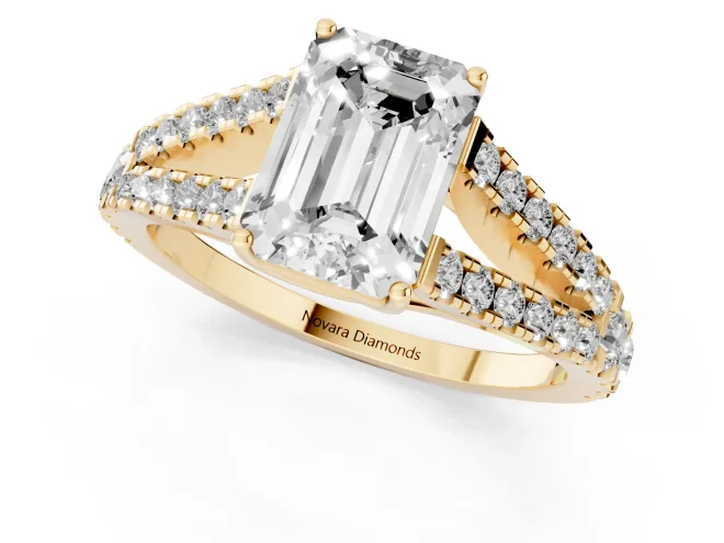 Emerald Cut Graduated Pave Split Shank Engagement Ring Setting | V Split Shoulders | Yellow Gold – second view